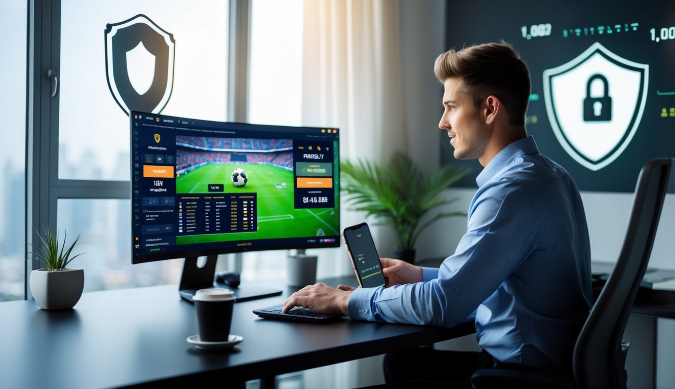 Seorang dewasa muda duduk di depan komputer dan ponsel, menggunakan situs taruhan bola online dengan tampilan statistik dan skor pertandingan, di ruang kerja yang terang dan rapi.