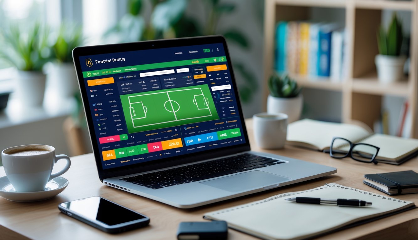 Meja kerja modern dengan laptop menampilkan layar taruhan sepak bola, ponsel, cangkir kopi, dan tanaman di latar belakang.