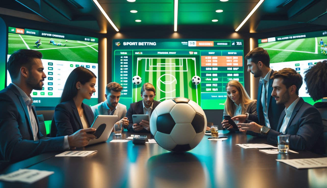 Orang-orang sedang mengamati pertandingan sepak bola langsung dan memasang taruhan di sebuah ruangan modern.