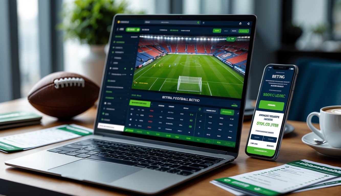 Seorang pria menggunakan laptop dan smartphone untuk memasang taruhan bola secara live di meja kerja modern.