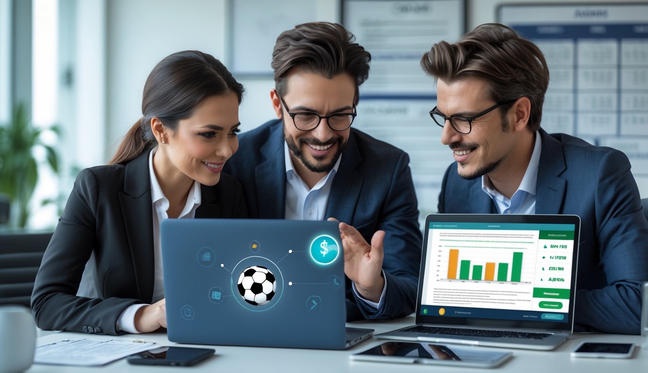 Tiga orang berdiskusi di kantor modern sambil melihat layar laptop dengan ikon bola sepak digital, menunjukkan suasana aman dan profesional.