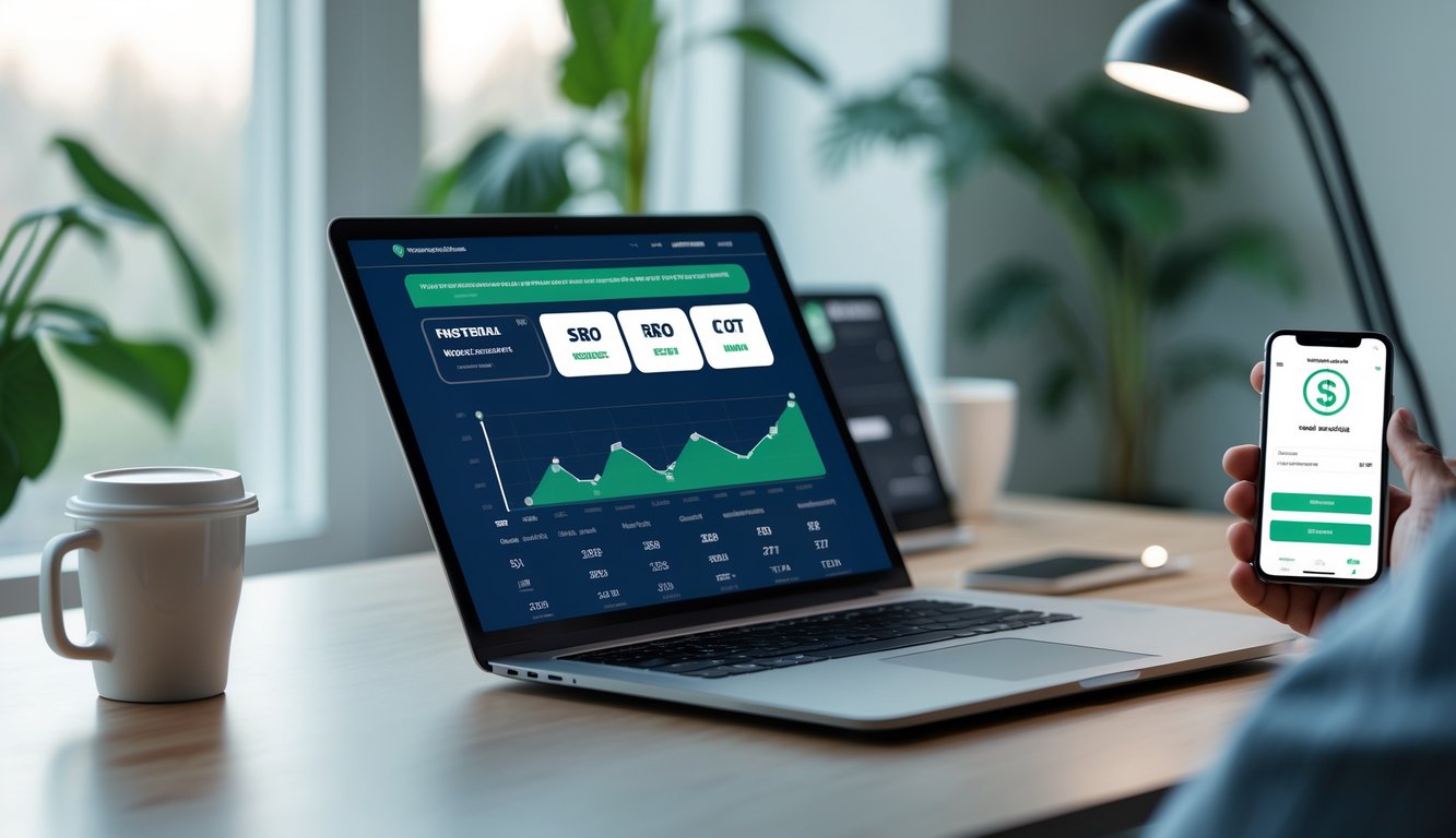 Meja kerja modern dengan laptop dan ponsel yang menampilkan antarmuka situs judi bola, disertai suasana yang tenang dan rapi.