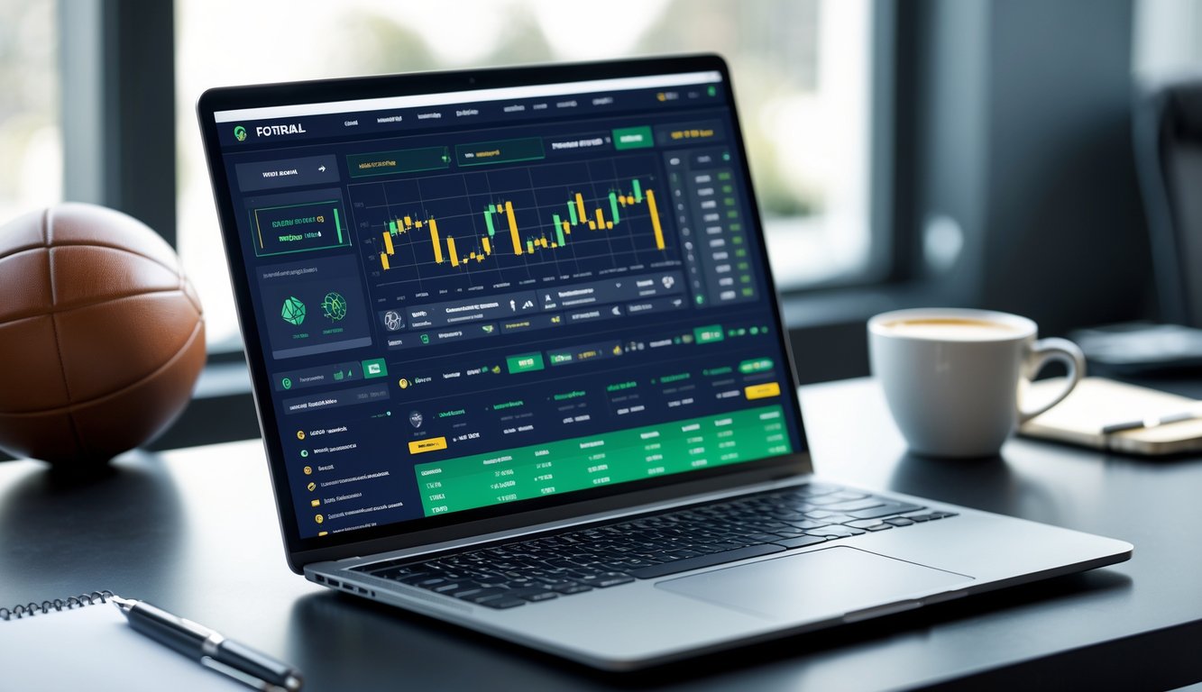 Sebuah ruang kerja modern dengan laptop yang menampilkan antarmuka situs taruhan bola, bola sepak di meja, dan secangkir kopi.