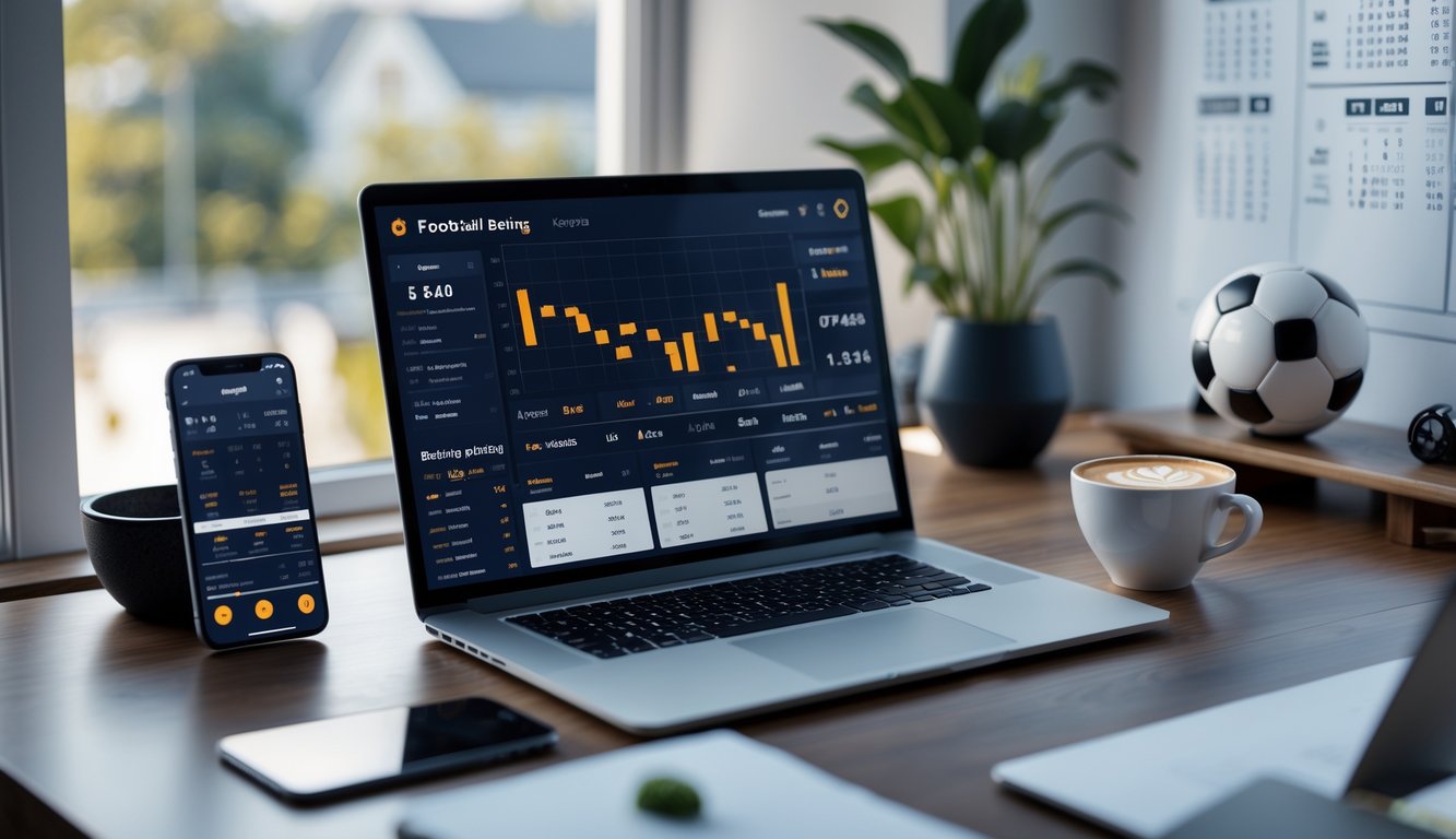 Sebuah meja kerja modern dengan laptop menampilkan statistik taruhan sepak bola, ponsel dengan pembaruan pertandingan langsung, dan secangkir kopi di dekatnya.