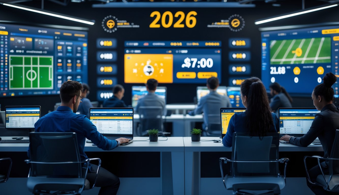 Orang-orang menggunakan komputer dan ponsel untuk bertaruh pada pertandingan sepak bola secara online di sebuah ruang kerja modern dengan layar besar yang menampilkan pertandingan dan statistik.