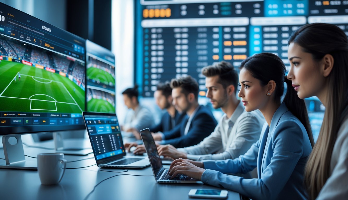 Orang-orang muda yang fokus menggunakan perangkat digital untuk memasang taruhan bola secara online di lingkungan kerja modern dengan layar besar yang menampilkan pertandingan sepak bola dan statistik.