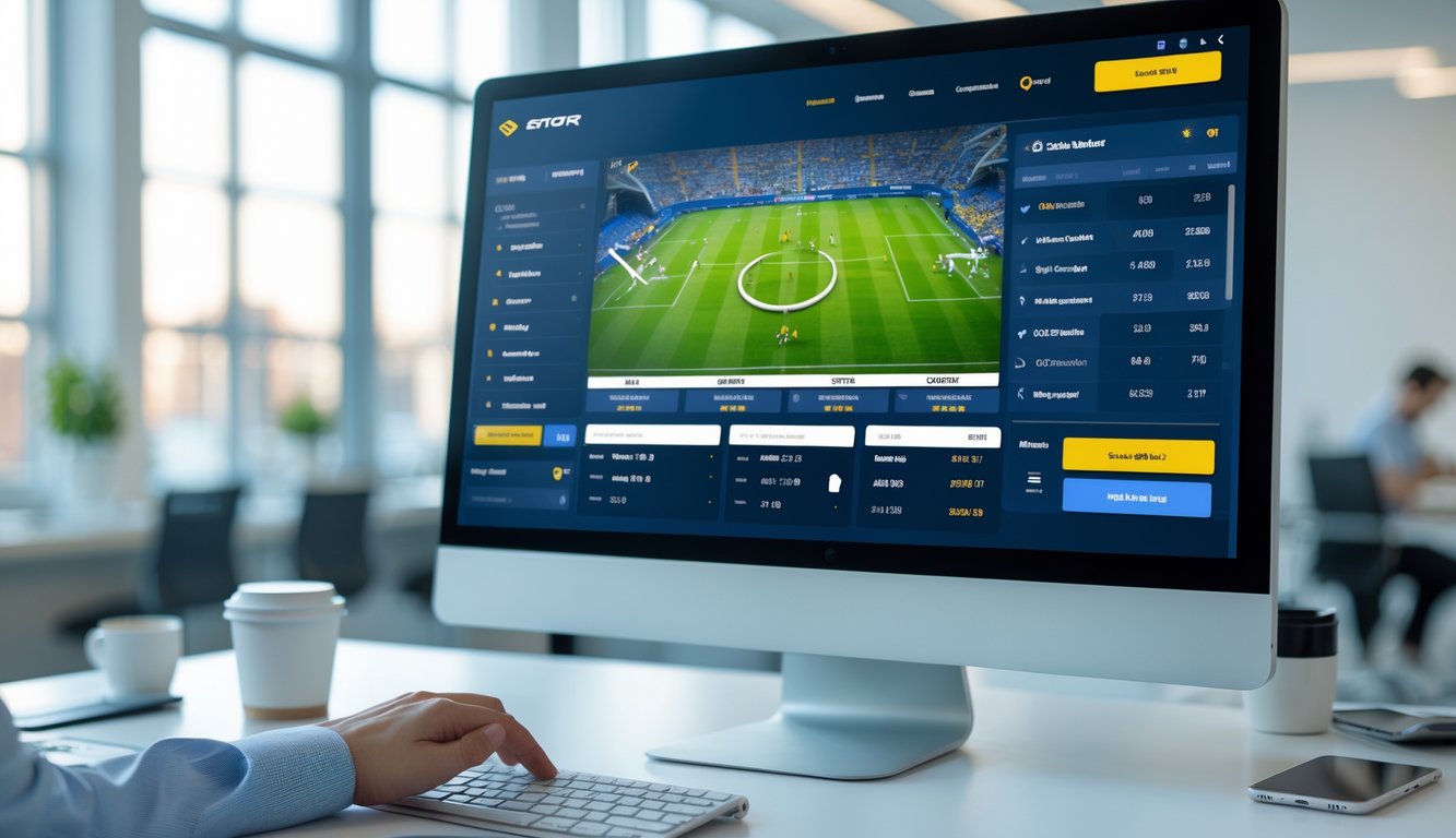 Seseorang sedang menggunakan komputer dengan layar menampilkan pertandingan sepak bola dan opsi taruhan langsung dalam suasana kantor yang terang dan profesional.