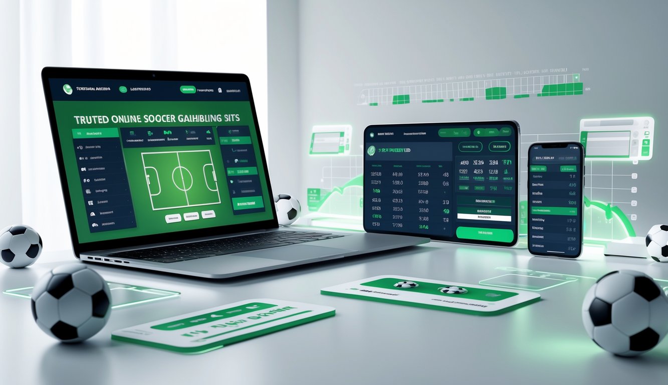 Laptop dan smartphone menampilkan antarmuka taruhan sepak bola langsung dengan elemen jackpot di meja kerja modern.