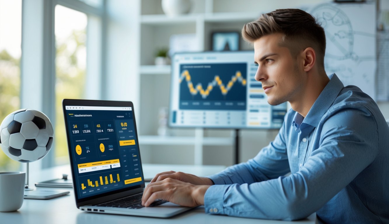 Seorang pria muda duduk di meja dengan laptop, fokus melihat layar yang menampilkan situs judi bola dengan grafik dan statistik, di ruang kantor yang terang dan rapi.