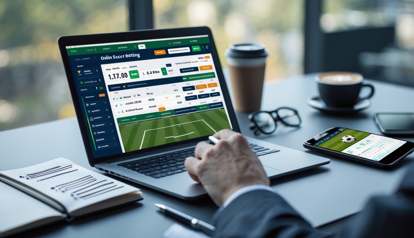 Meja kerja dengan laptop yang menampilkan situs judi bola online, buku catatan dengan catatan strategi, dan ponsel yang menayangkan pertandingan sepak bola langsung.