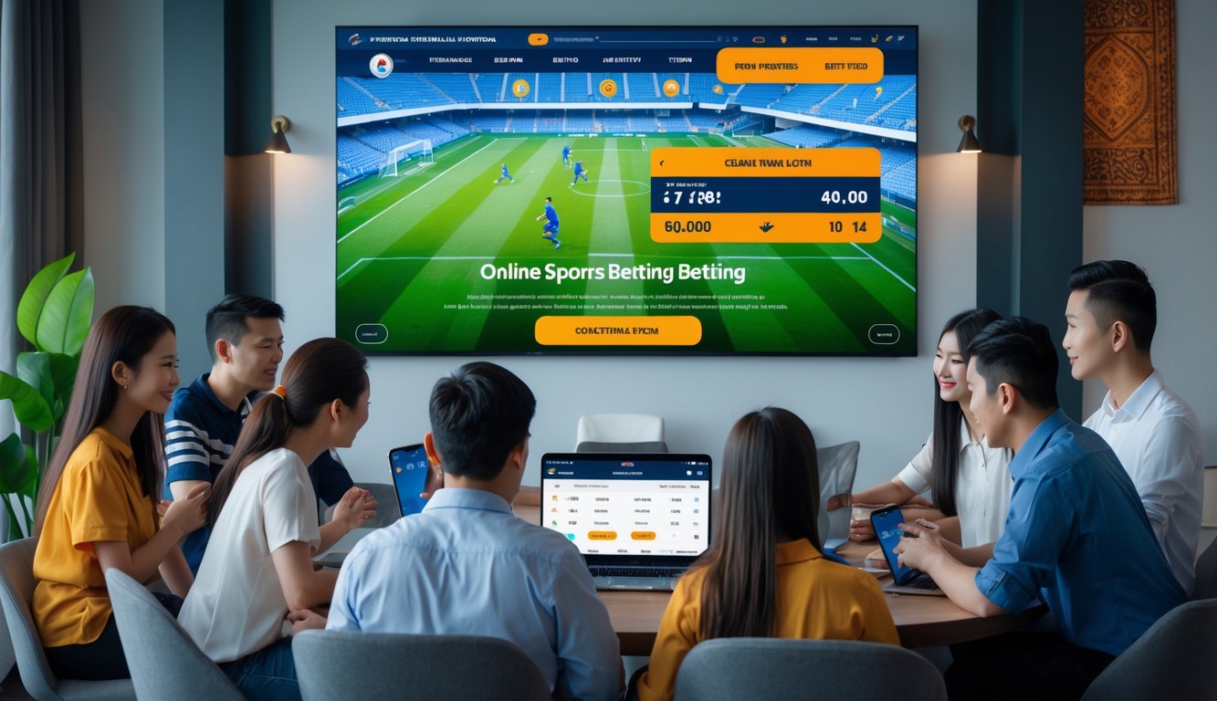 Sekelompok orang muda menggunakan perangkat digital untuk memasang taruhan sepak bola secara online di ruangan modern yang nyaman.
