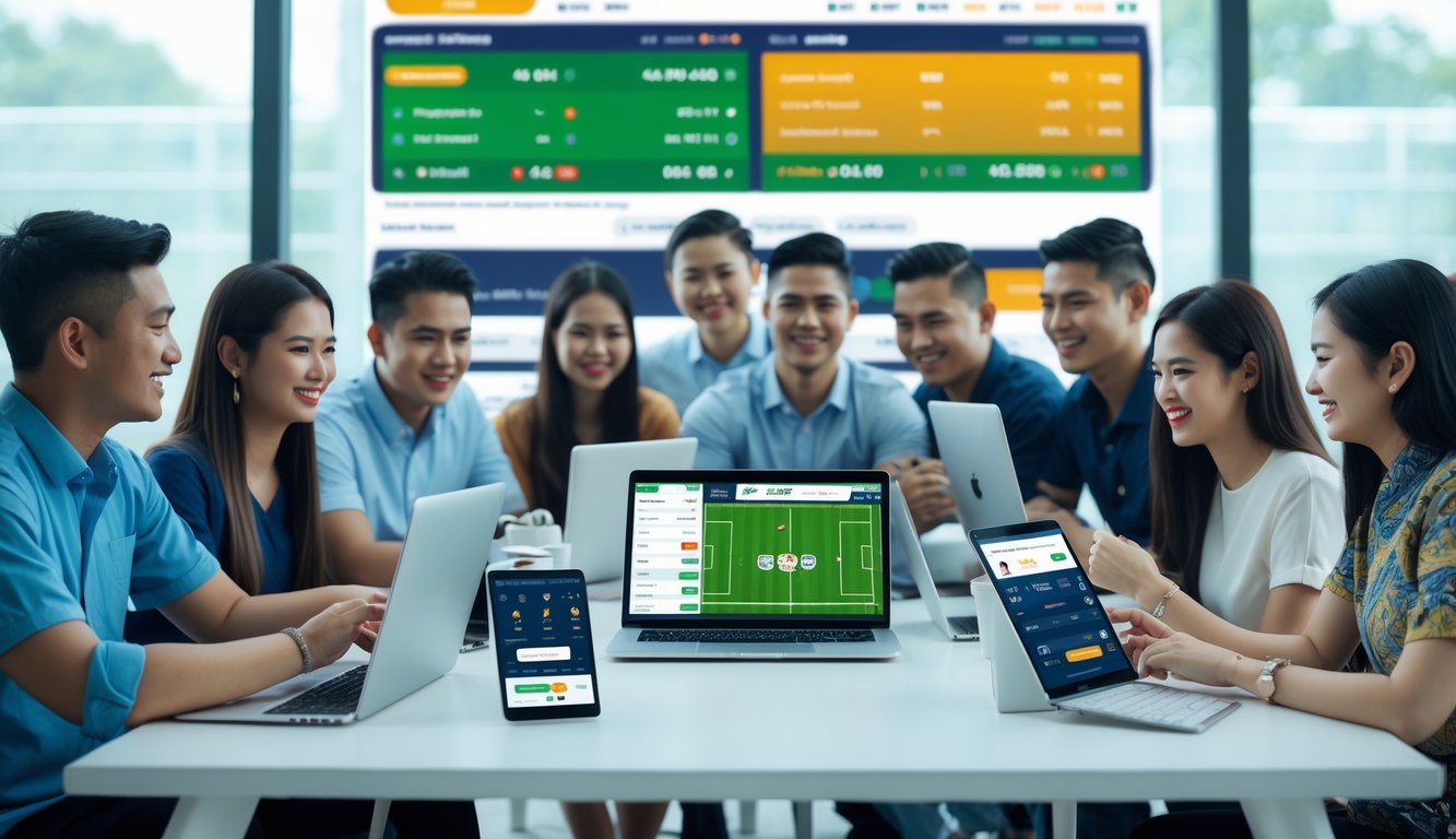 Sekelompok orang muda sedang menggunakan perangkat digital untuk taruhan bola online di sebuah kantor modern dengan elemen budaya Indonesia.