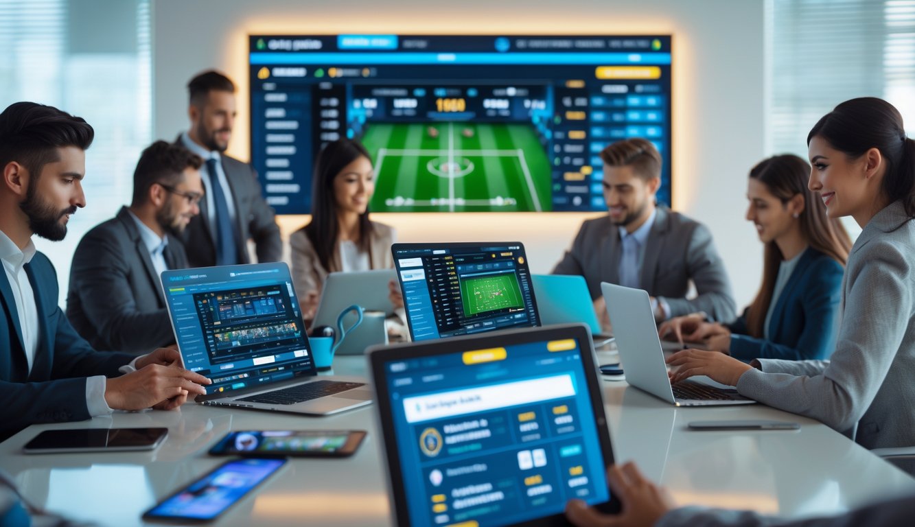 Orang-orang menggunakan perangkat digital untuk memasang taruhan bola di lingkungan kantor modern dengan layar besar menampilkan pertandingan sepak bola.