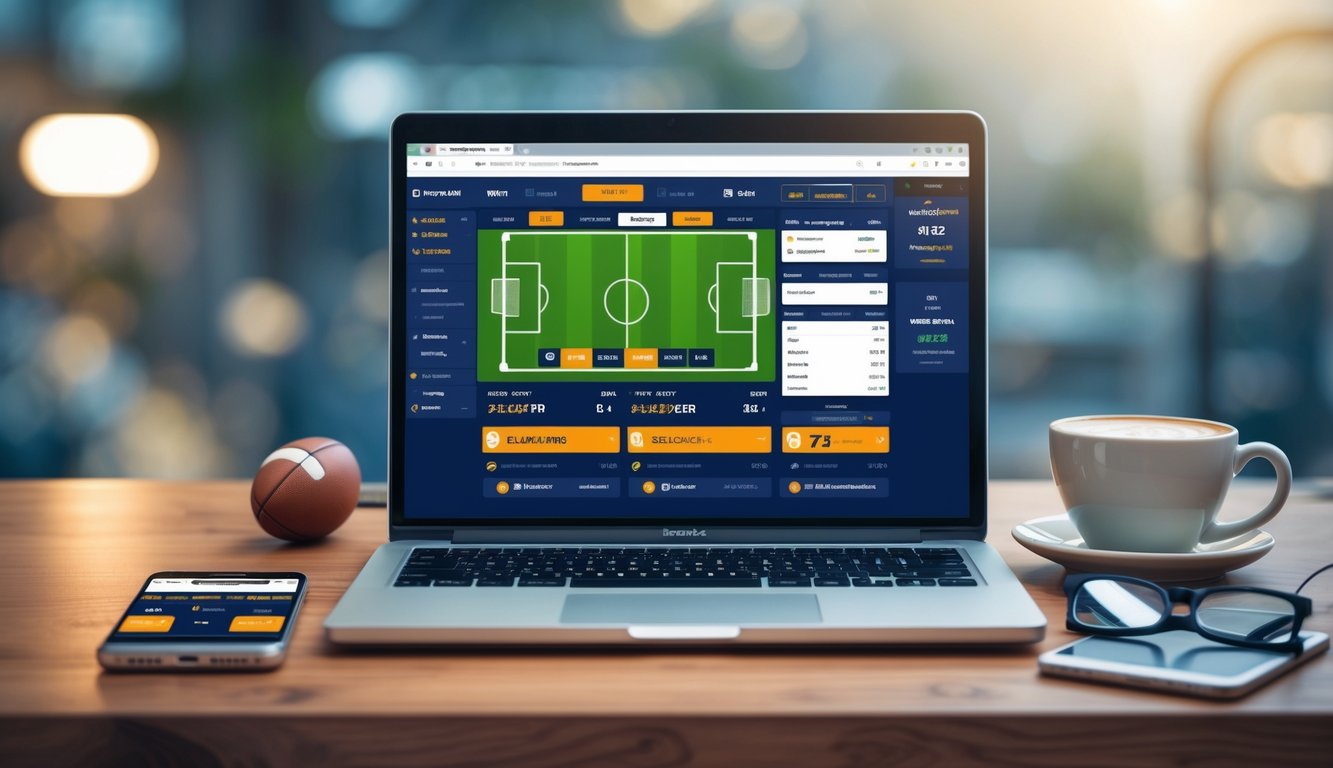 Seorang pria menggunakan laptop dengan tampilan antarmuka taruhan bola di layar, dikelilingi oleh smartphone dan cangkir kopi di atas meja kerja.