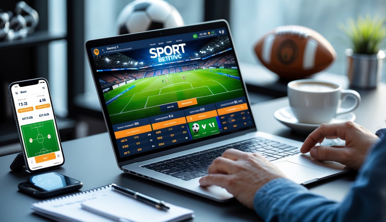 Seorang pria duduk di depan laptop dengan tampilan antarmuka taruhan sepak bola online, dikelilingi oleh ponsel, cangkir kopi, dan alat tulis di meja kerja.