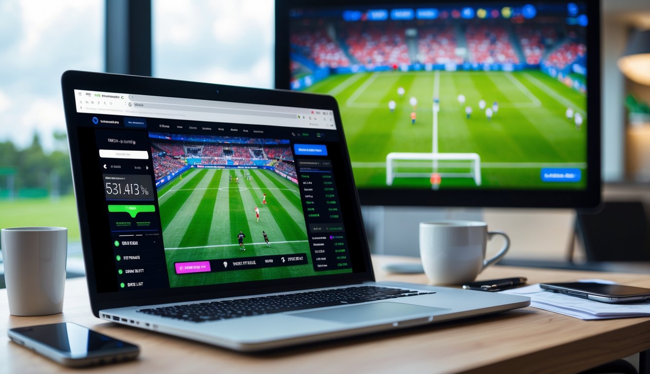 Seorang pria duduk di depan laptop dengan tampilan situs judi bola online, di latar belakang layar besar menampilkan pertandingan sepak bola yang sedang berlangsung.