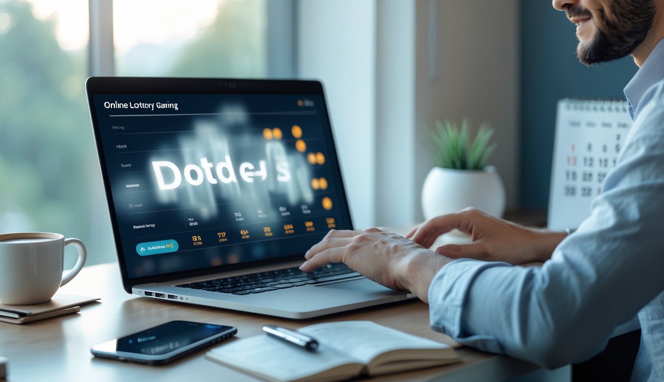 Seseorang sedang menggunakan laptop di meja kerja dengan ponsel dan secangkir kopi, menunjukkan aktivitas bermain togel online dengan suasana yang tenang dan teratur.