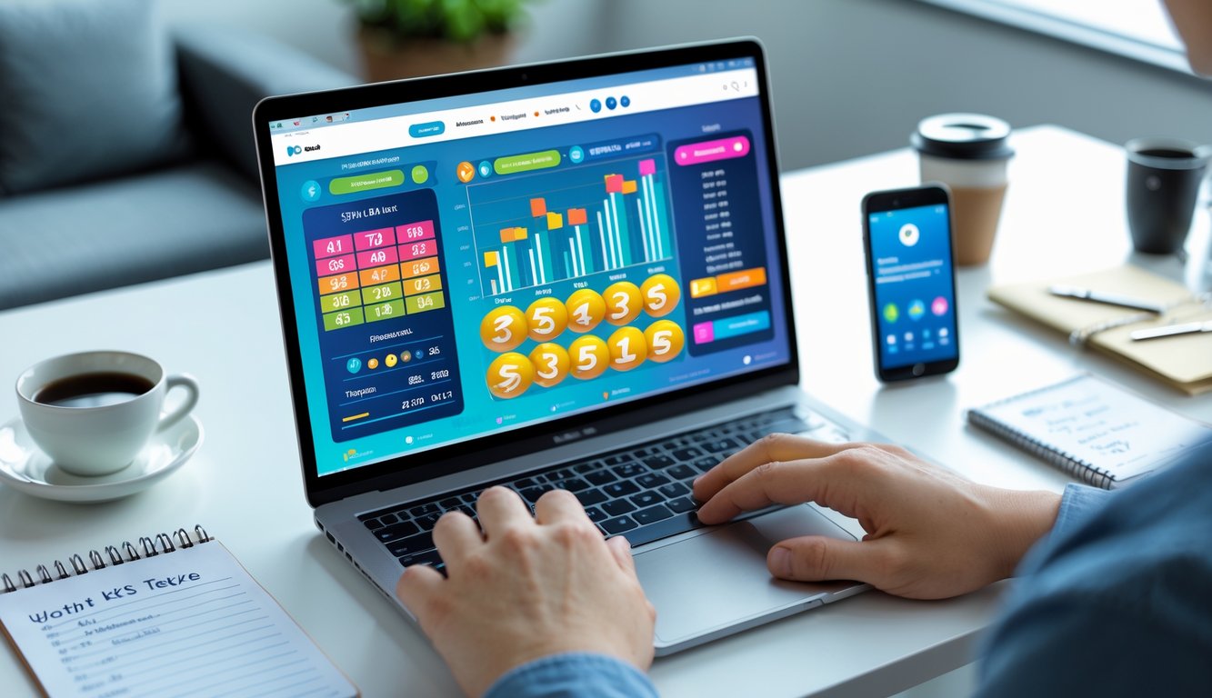 Meja kerja modern dengan laptop menampilkan layar permainan togel online, tangan seseorang sedang mengetik, di sekitar ada cangkir kopi, ponsel, dan buku catatan.