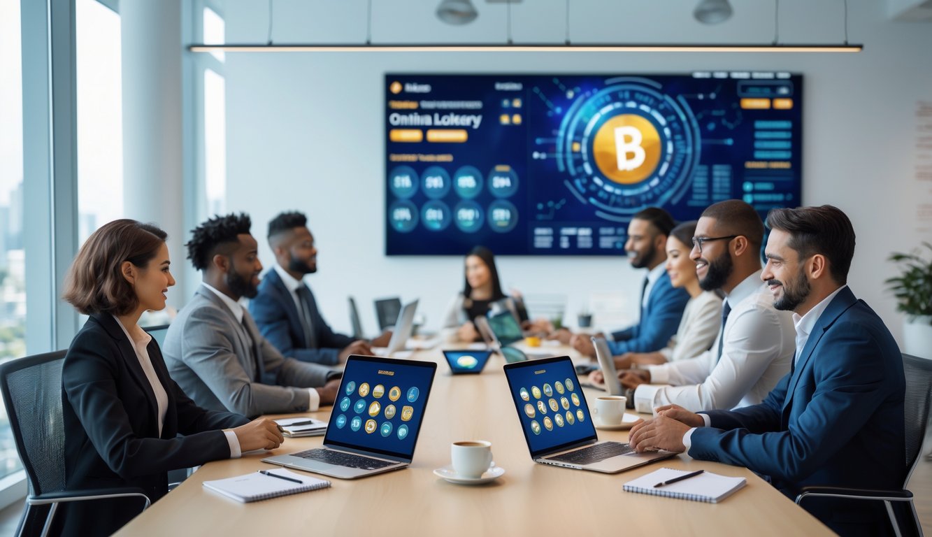 Sekelompok orang bekerja bersama di ruang kantor modern dengan laptop menampilkan angka dan grafik lotere online.