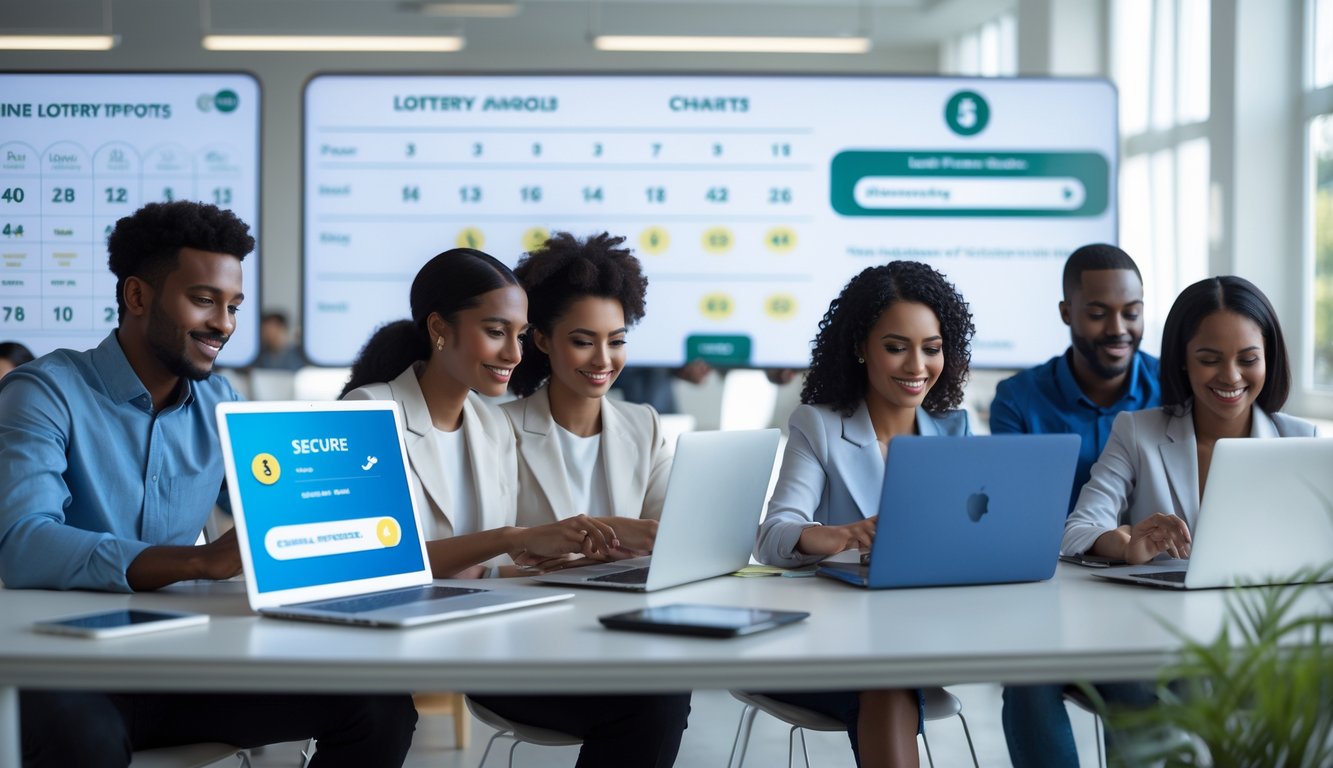 Beberapa orang menggunakan laptop dan ponsel di kantor modern yang terang, fokus pada aktivitas perjudian togel online resmi.