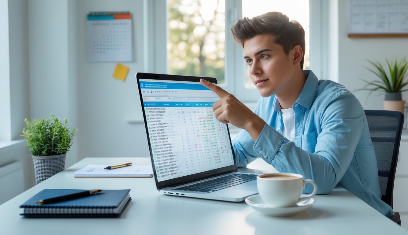 Seorang dewasa muda duduk di meja modern dengan laptop, tampak fokus menganalisis data di ruang kerja rumah yang terang dan rapi.