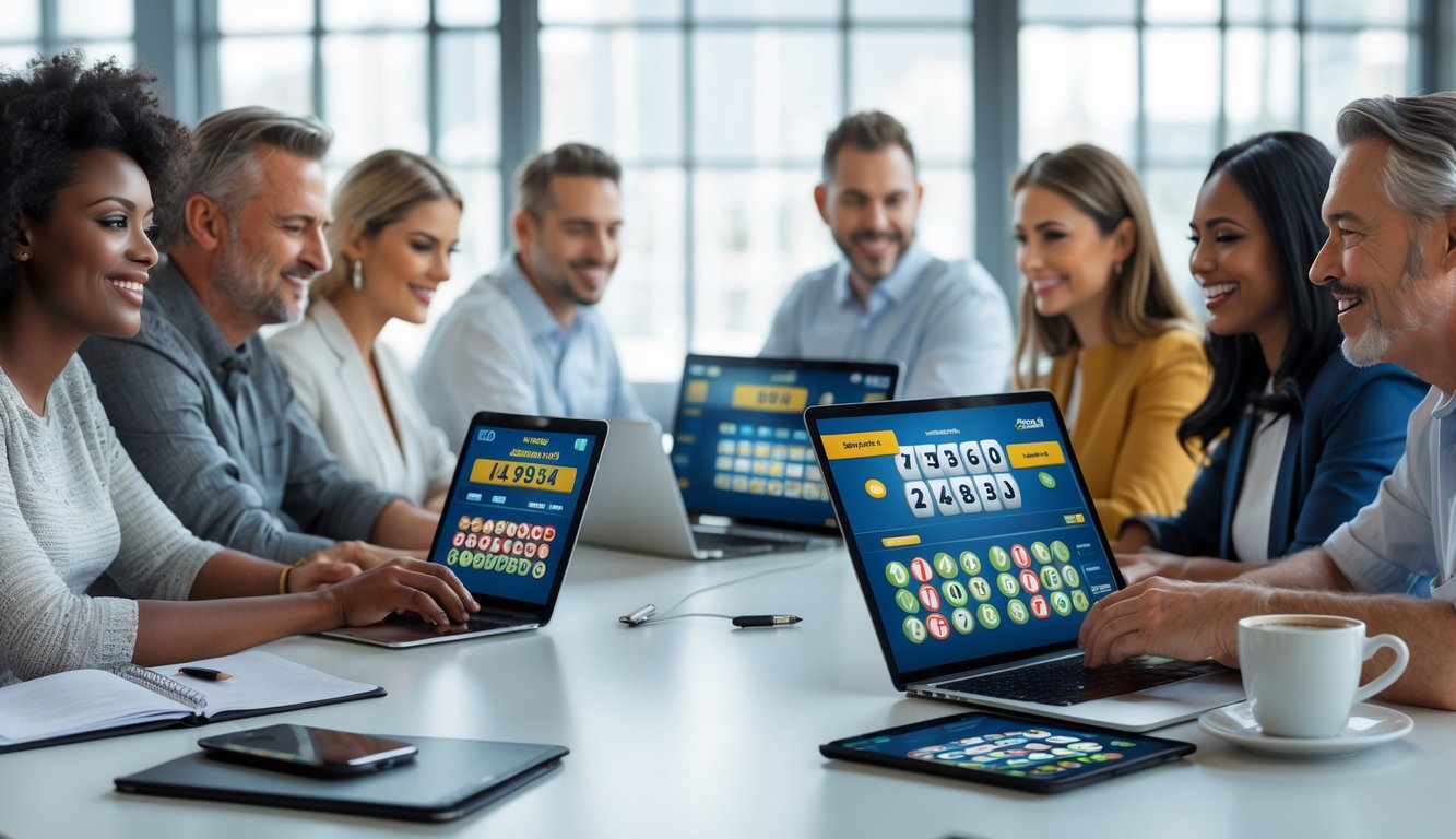 Sekelompok orang dewasa duduk di meja dengan laptop dan ponsel, fokus pada layar yang menampilkan angka togel dan antarmuka taruhan.