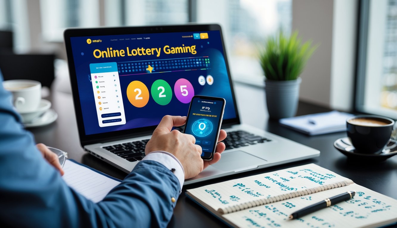 Seseorang menggunakan laptop dan smartphone di meja kerja dengan catatan dan alat tulis, menggambarkan aktivitas bermain judi togel online resmi.