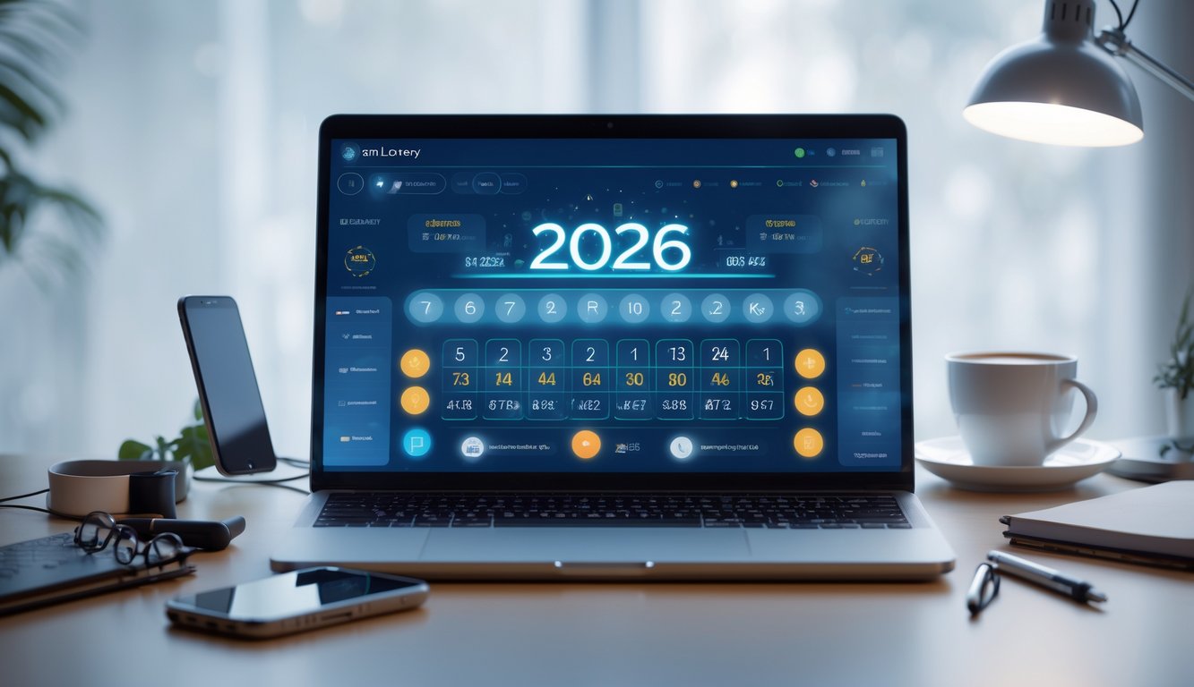 Sebuah meja kerja modern dengan laptop yang menampilkan antarmuka lotere digital, dikelilingi oleh ponsel, cangkir kopi, dan buku catatan.
