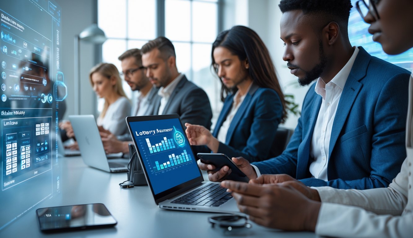Beberapa orang dewasa sedang menggunakan laptop dan ponsel di ruang kerja modern, menganalisis data angka togel secara serius.