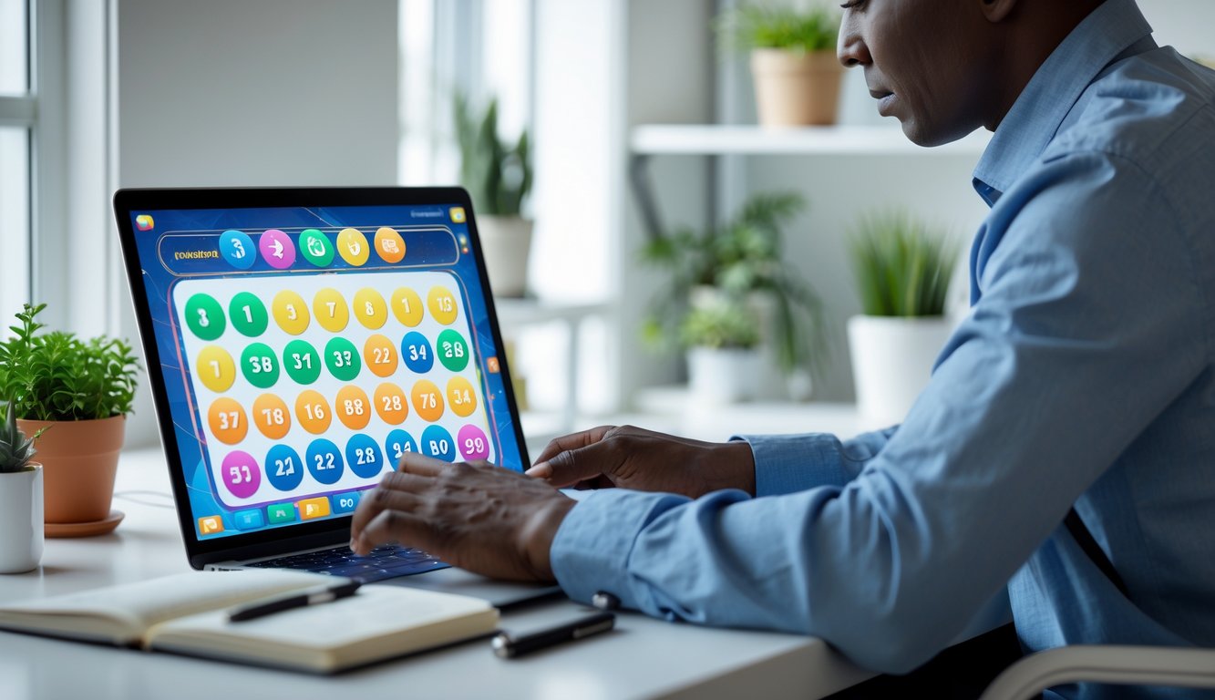 Seorang dewasa duduk di meja dengan laptop, fokus bermain permainan lotre online dengan suasana kantor rumah yang rapi.