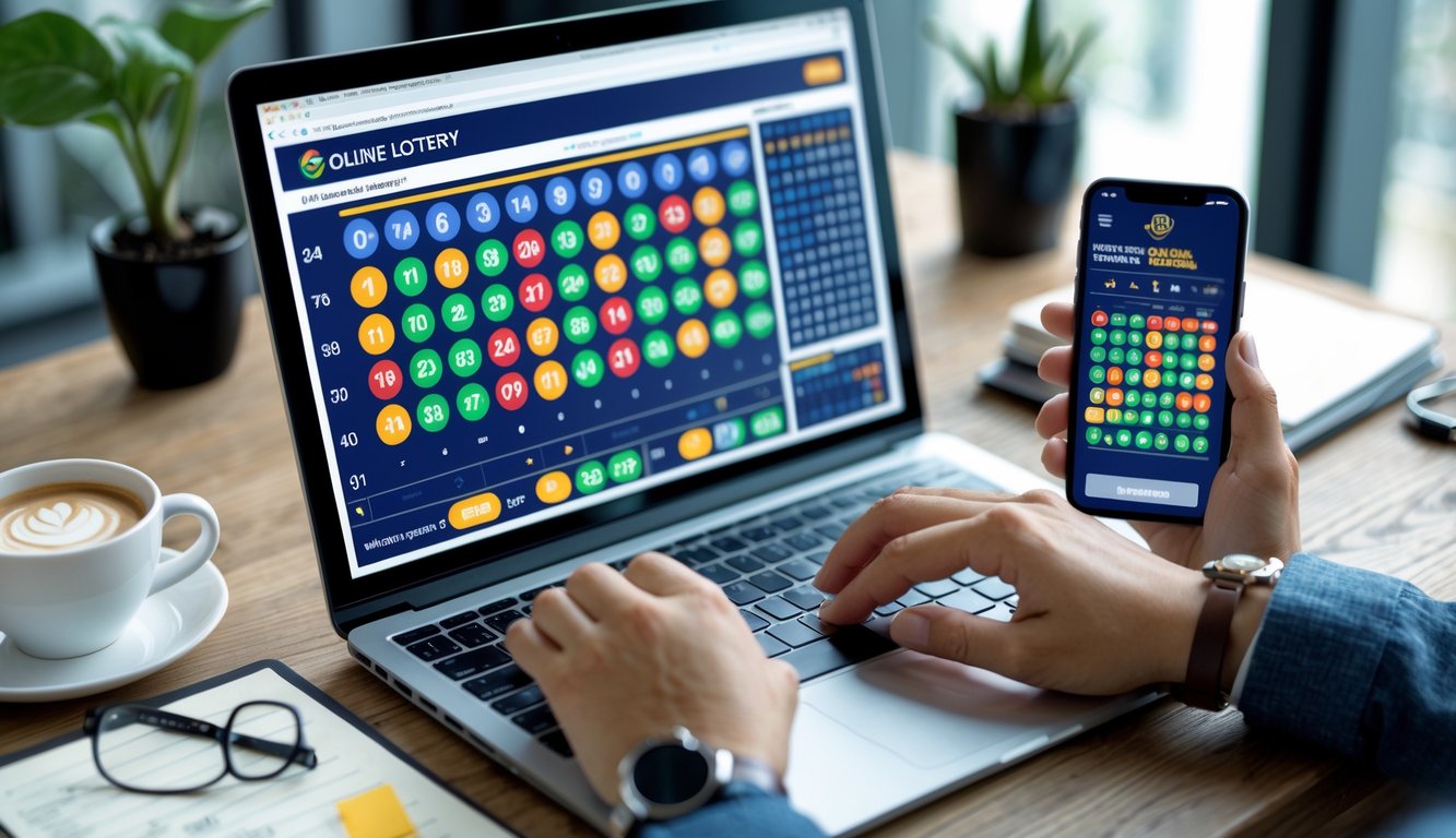 Seseorang menggunakan laptop dan ponsel di meja kerja dengan tampilan antarmuka permainan togel online di layar.
