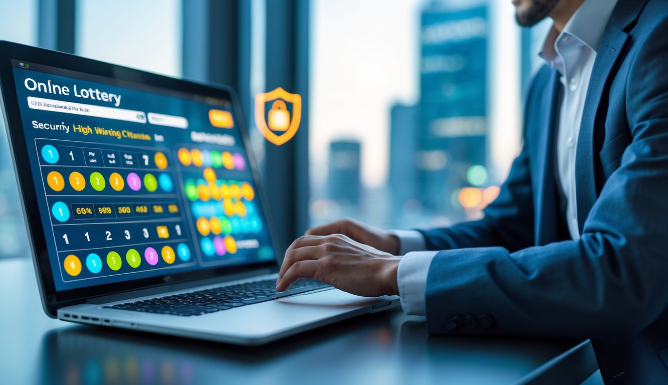 Seorang profesional menggunakan laptop dengan tampilan antarmuka lotere digital dan simbol keamanan di latar belakang.