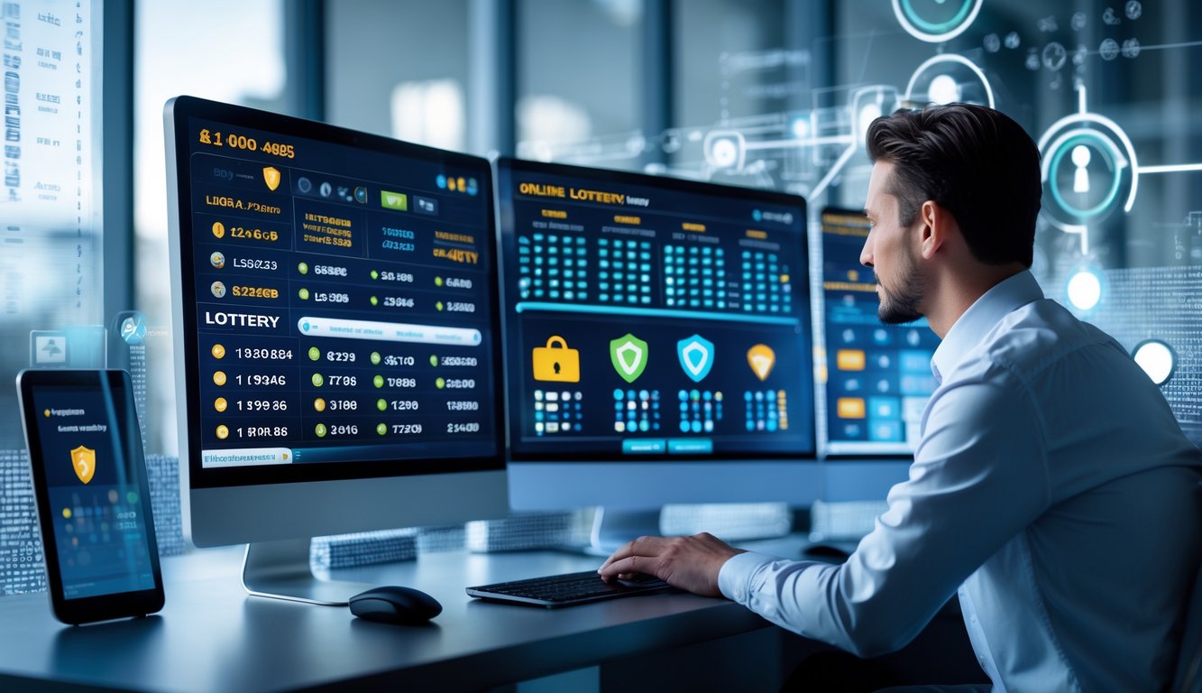 Seseorang menggunakan komputer dengan layar menampilkan angka togel dan ikon keamanan, menggambarkan keamanan dan peluang menang dalam judi togel online.