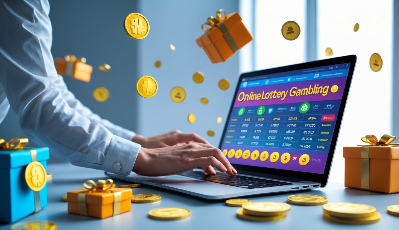 Seseorang menggunakan laptop di meja kerja dengan tampilan situs togel online yang menampilkan angka dan grafik, dikelilingi oleh simbol hadiah dan koin.