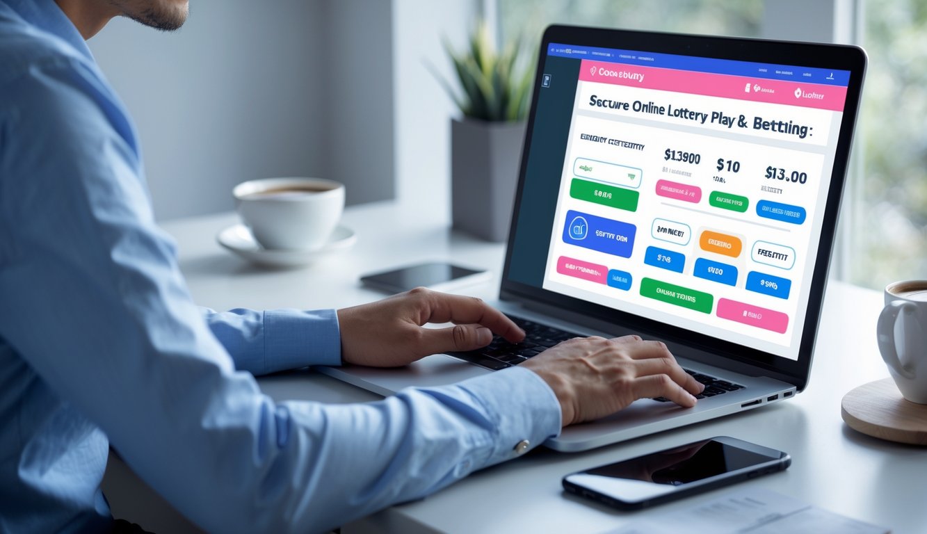 Seorang dewasa sedang menggunakan laptop di meja kerja yang rapi dengan latar ruang kerja rumah yang terang, menampilkan suasana bermain togel online yang aman dan terpercaya.