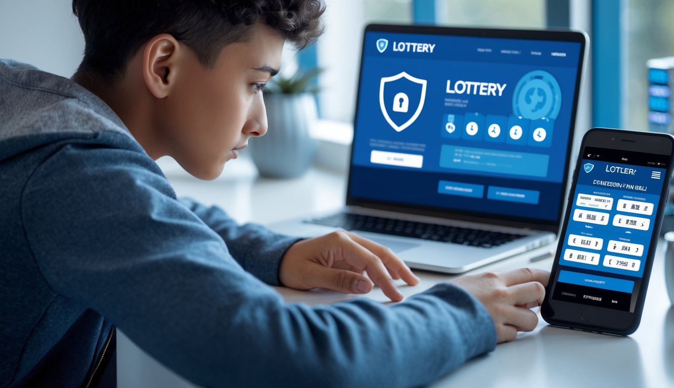 Seorang dewasa muda sedang menggunakan laptop dan ponsel untuk bermain togel online dengan suasana yang aman dan profesional.