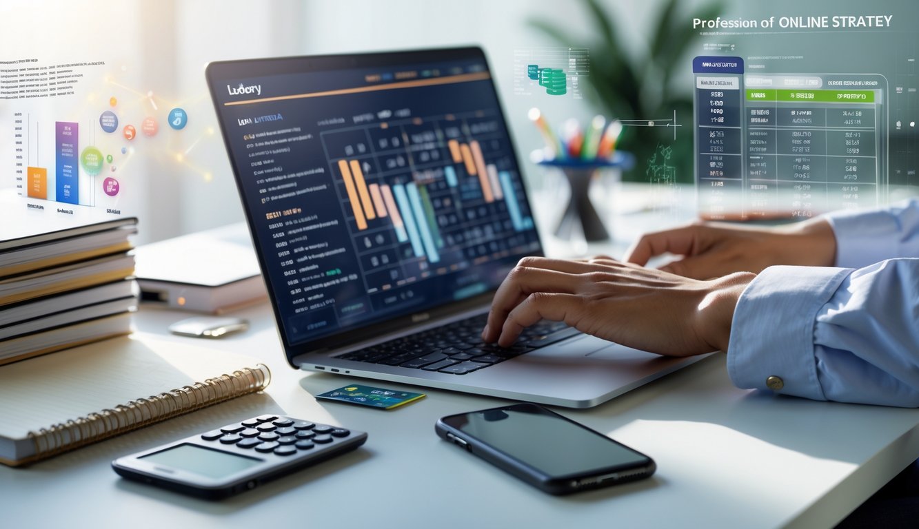 Meja kerja modern dengan laptop menampilkan grafik dan prediksi angka togel, dikelilingi oleh buku catatan, kalkulator, dan ponsel dengan aplikasi togel, tangan seseorang sedang mengetik.