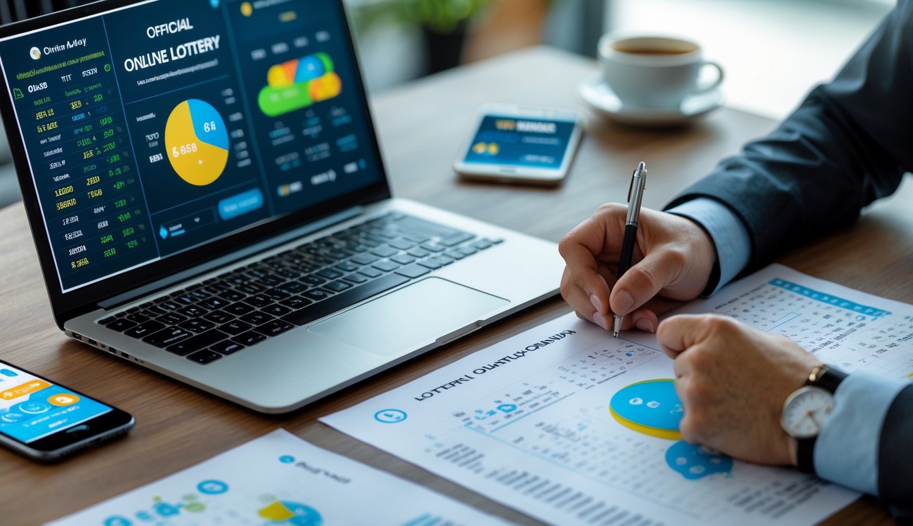 Seseorang sedang menganalisis data angka dan grafik di meja kerja dengan laptop dan smartphone, fokus pada strategi judi togel online resmi.
