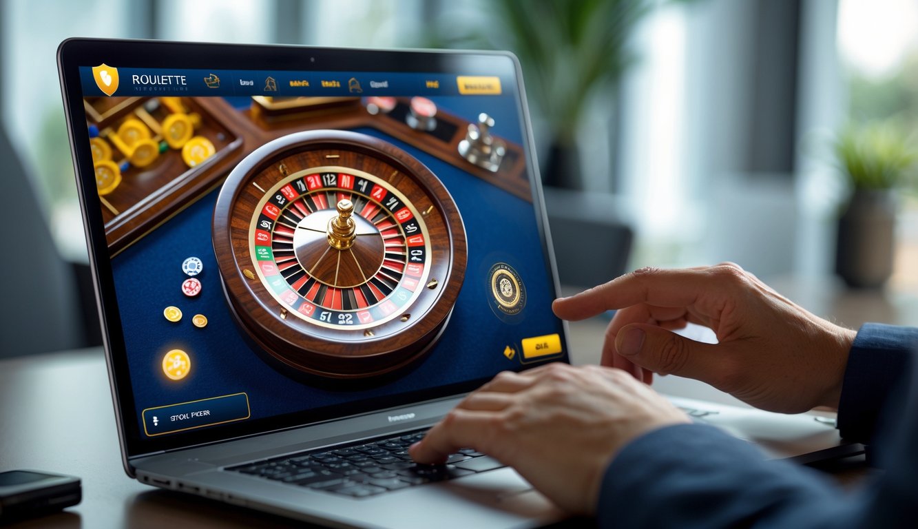 Seorang pemain dewasa menggunakan komputer untuk bermain roulette online dengan tampilan roda roulette yang jelas dan suasana yang aman.