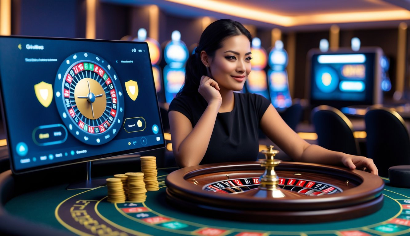 Seorang pemain duduk di meja roulette dengan suasana kasino yang modern dan aman, tampak fokus dan tenang saat bermain roulette online.