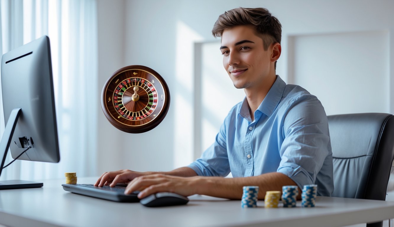 Seseorang sedang bermain roulette online di laptop di meja kerja dengan suasana yang terang dan rapi.