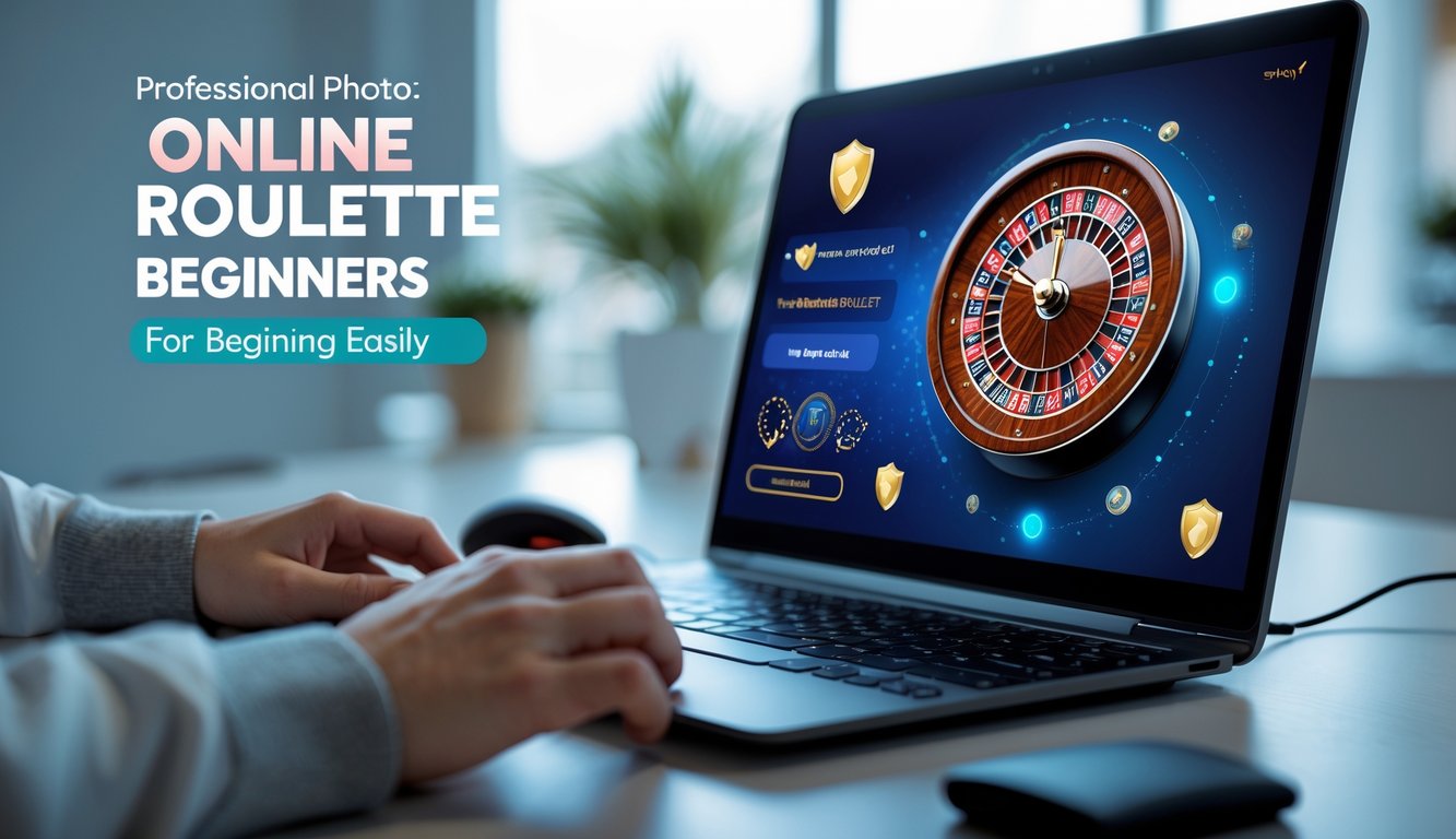 Seseorang menggunakan komputer dengan tampilan roda roulette online di layar, di ruang kerja yang rapi dan terang.