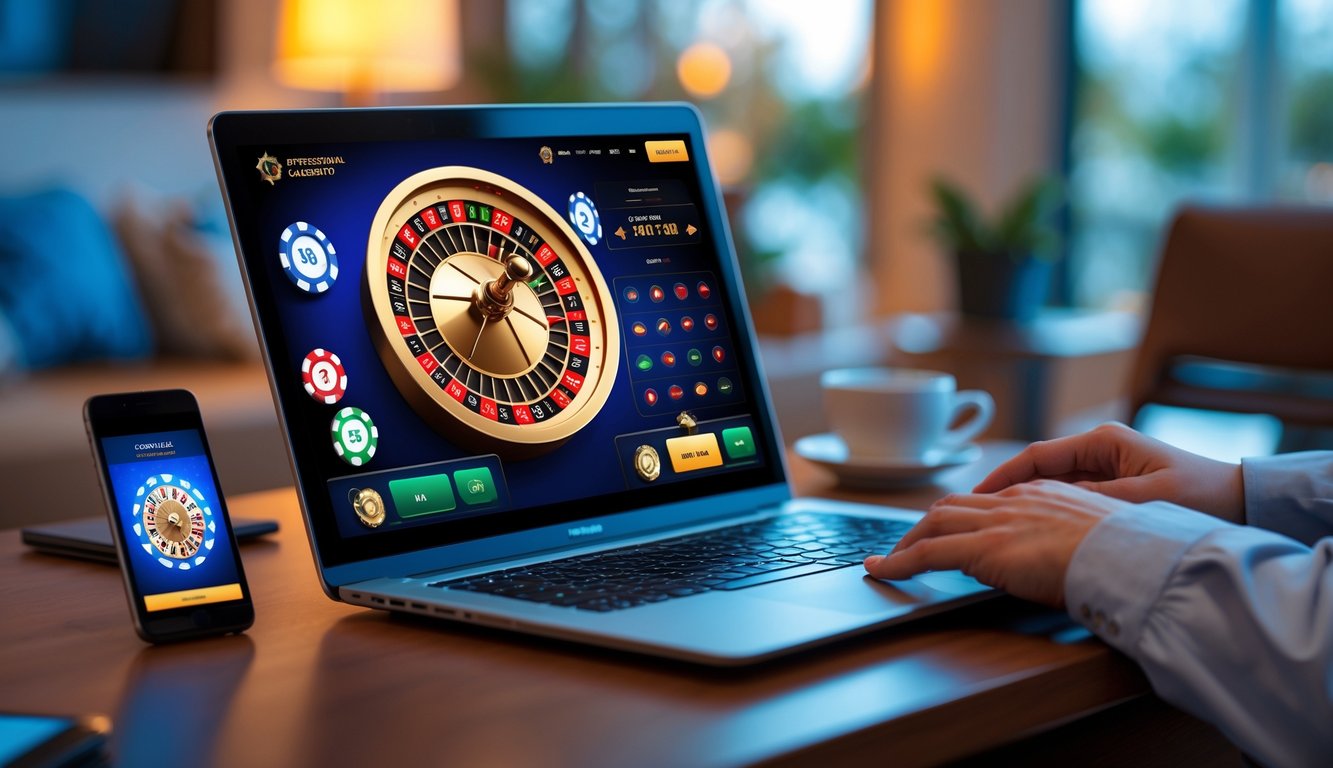 Seorang pengguna bermain roulette online di komputer dengan latar belakang ruangan yang nyaman dan pencahayaan hangat.