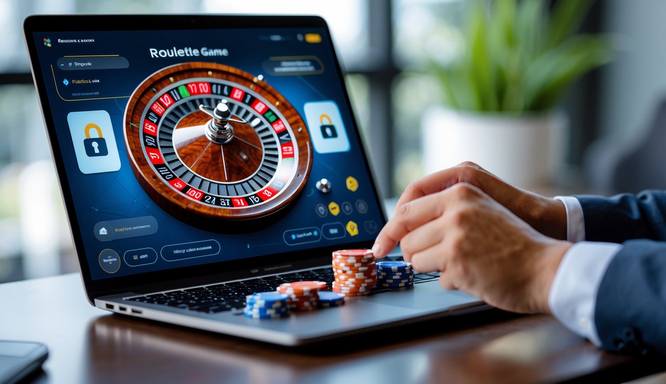 Seseorang bermain roulette online menggunakan laptop di ruangan modern yang terang dan aman.