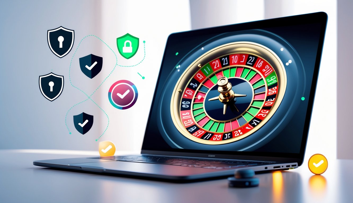 Seorang pemain menggunakan komputer dengan tampilan roda roulette digital, dikelilingi simbol keamanan seperti gembok dan tanda centang.