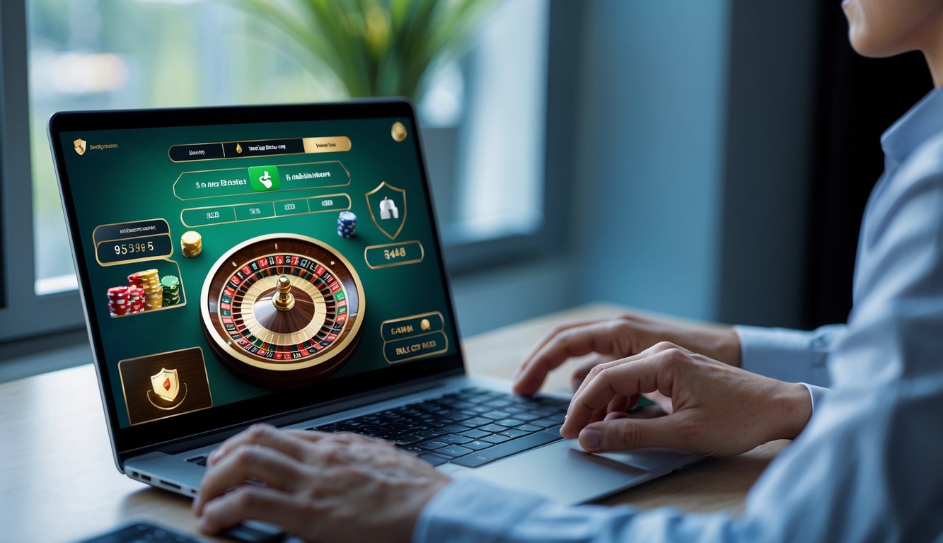Seseorang menggunakan komputer dengan permainan roulette online yang terlihat di layar, menunjukkan pengalaman bermain yang aman dan terpercaya.