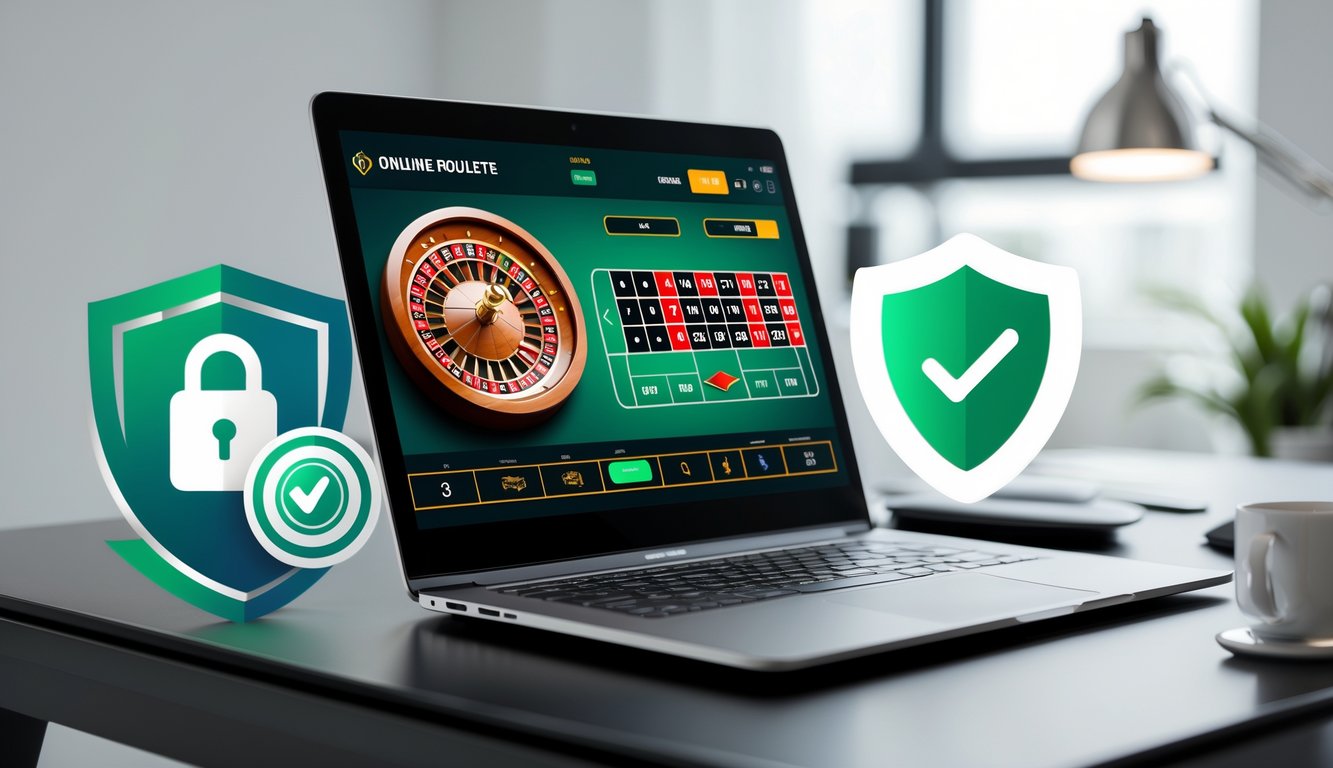 Seorang pengguna sedang melihat layar komputer dengan tampilan roda roulette online yang aman dan terpercaya di meja kerja yang rapi dan terang.