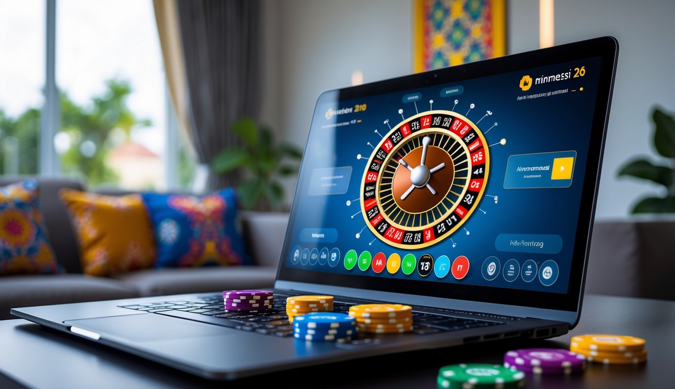 Seorang pengguna bermain roulette online di komputer dengan latar ruang tamu yang nyaman dan elemen budaya Indonesia.