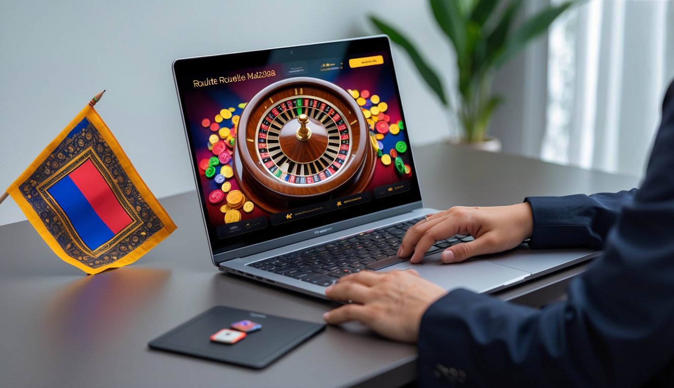 Sebuah komputer menampilkan permainan roulette online dengan latar belakang elemen budaya Indonesia dan suasana yang profesional.