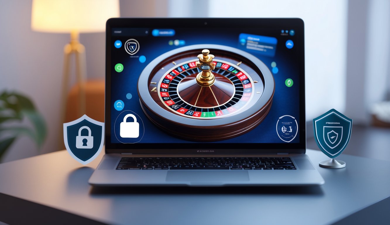 Seorang pengguna sedang bermain roulette online di laptop dengan simbol keamanan di sekitar layar.